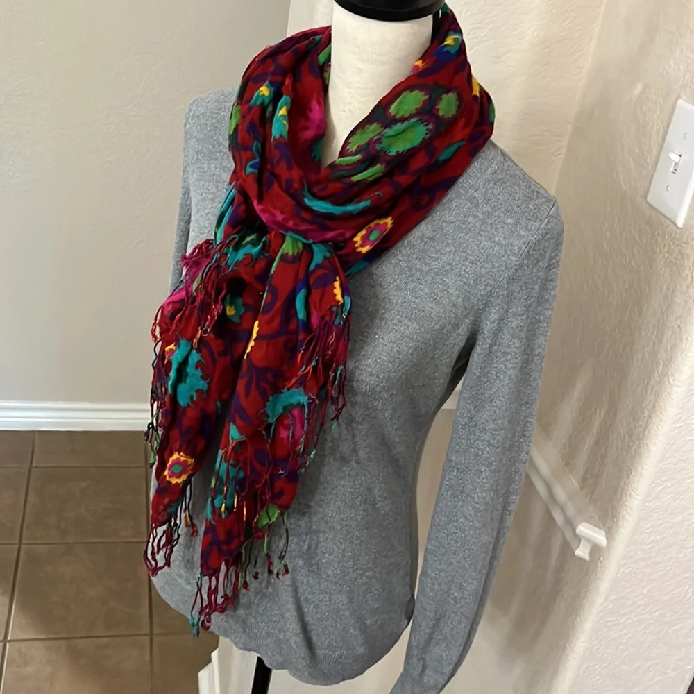 Red floral with fringe scarf